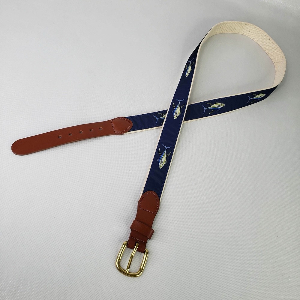 Vtg Leather Man Belt Mens Size 46 Blue Yellowfin Tuna Fish Brass Buckle
